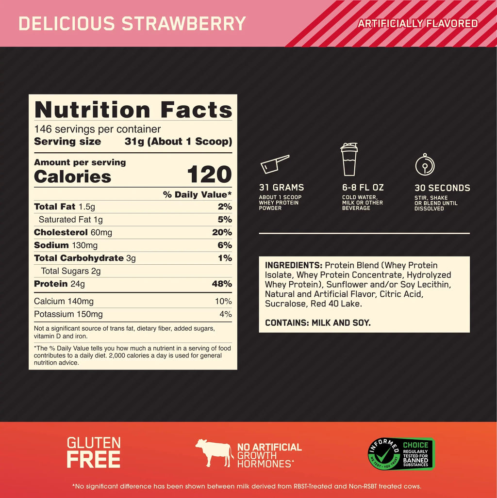 Optimum Nutrition, Gold Standard 100% Whey Protein Powder, Delicious Strawberry, 10 lb, 146 Servings