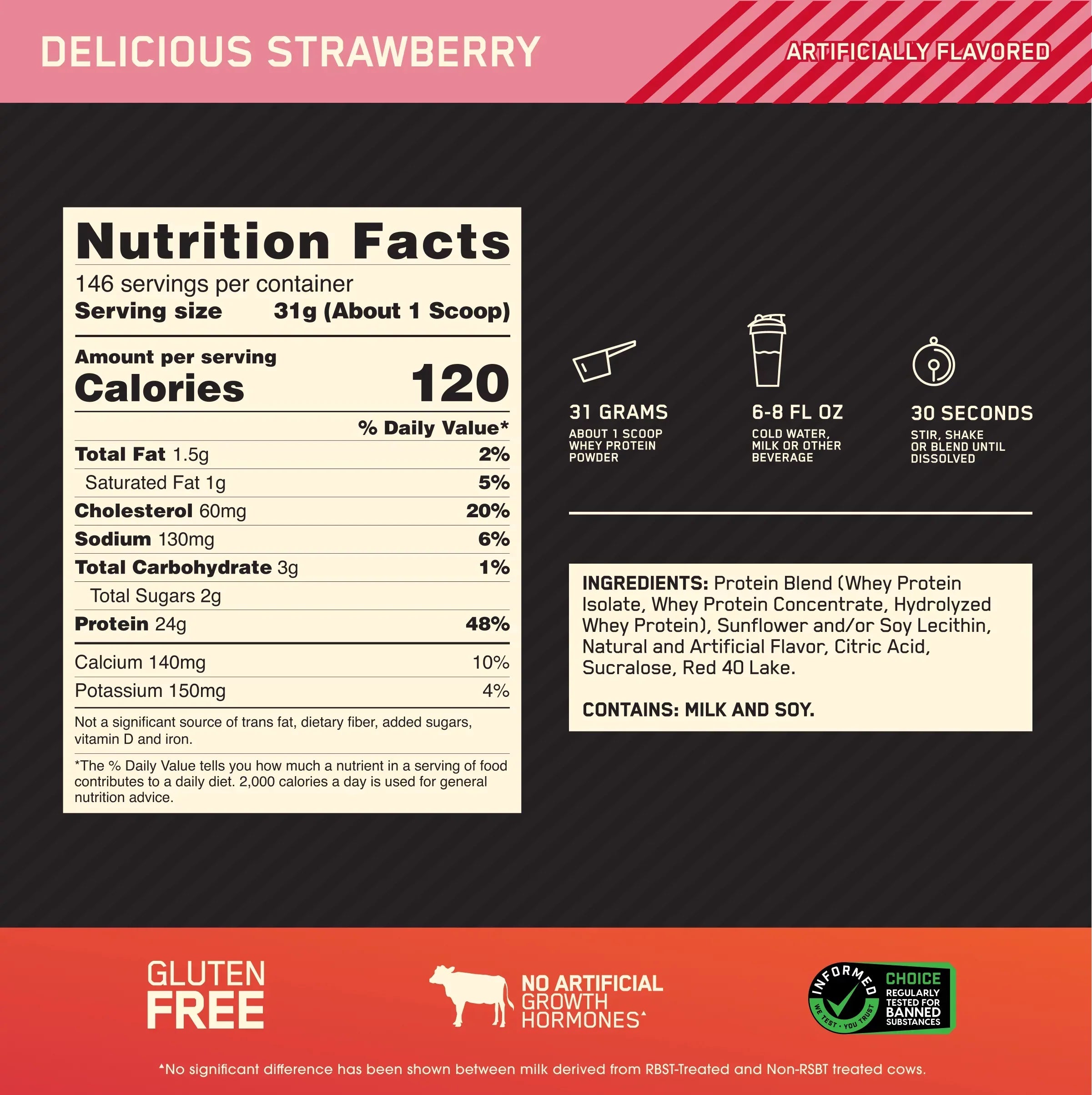 Optimum Nutrition, Gold Standard 100% Whey Protein Powder, Delicious Strawberry, 10 lb, 146 Servings