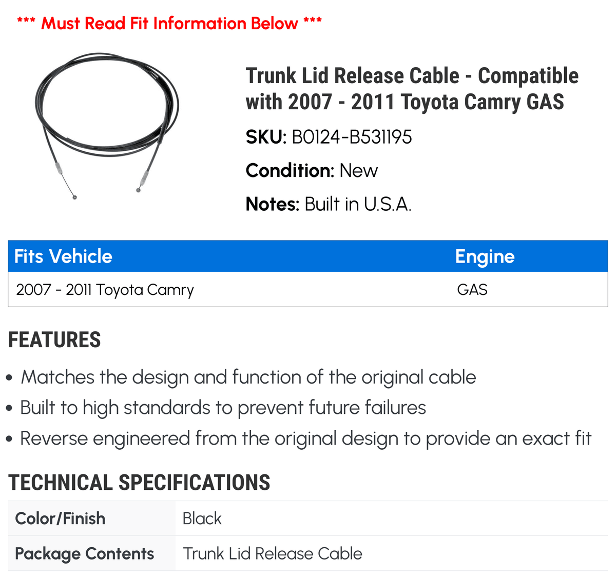 Trunk Lid Release Cable - Compatible with 2007 - 2011 Toyota Camry GAS 2008 2009 2010