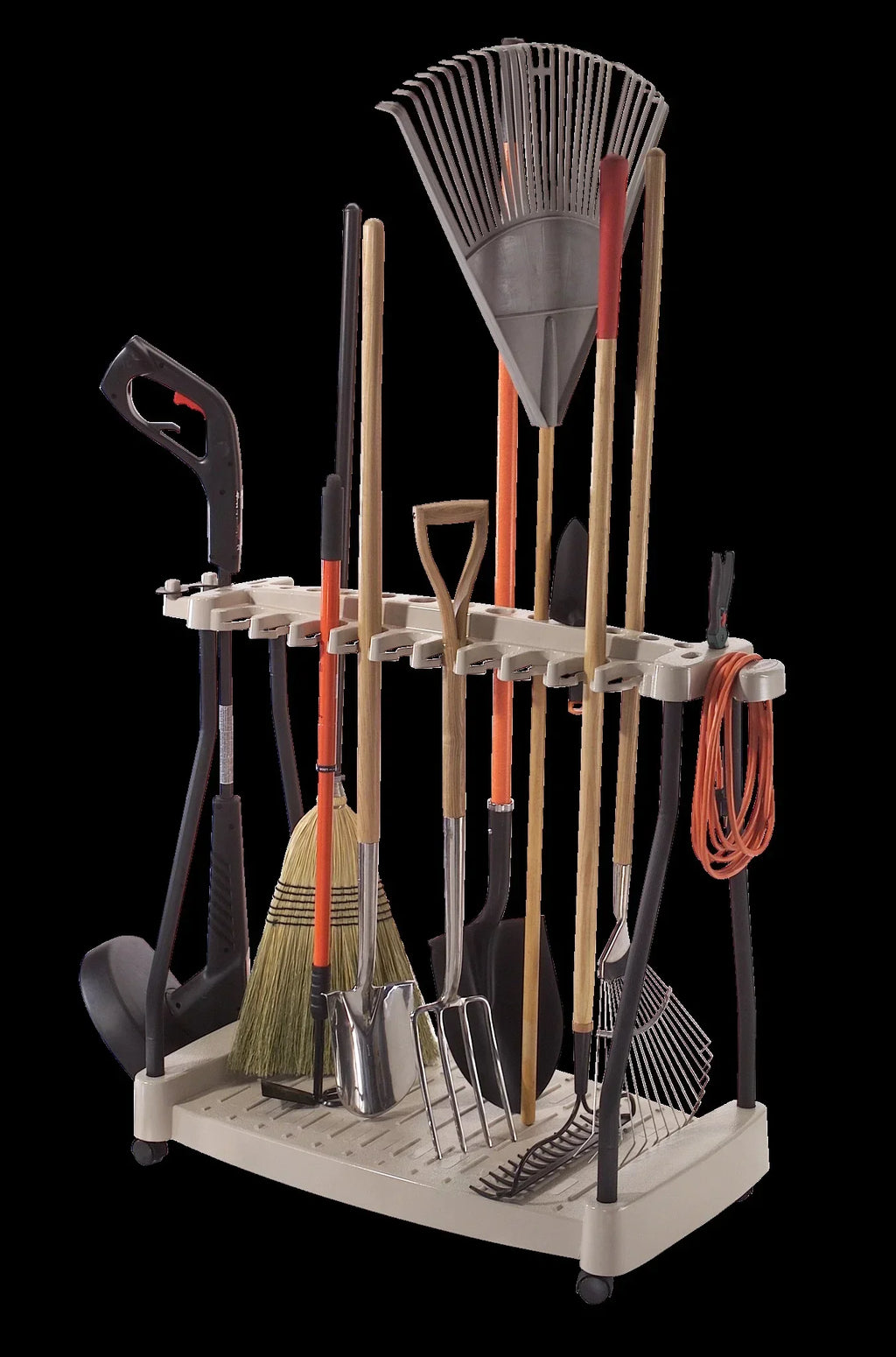 Suncast Lawn and Garden Steel Tool Storage Rack with Wheels for 30 Tools, Light Taupe