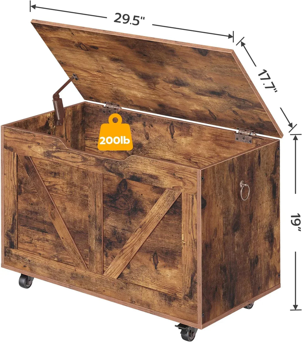 Storage Chest, Storage Trunk on Wheels, Sturdy Storage Bench Supports 220 lb, Wooden Entryway Bench, Shoe Bench, Movable, Safety Hinge, U-Shaped Opening, Easy Assembly, Rustic Brown FG74CW01