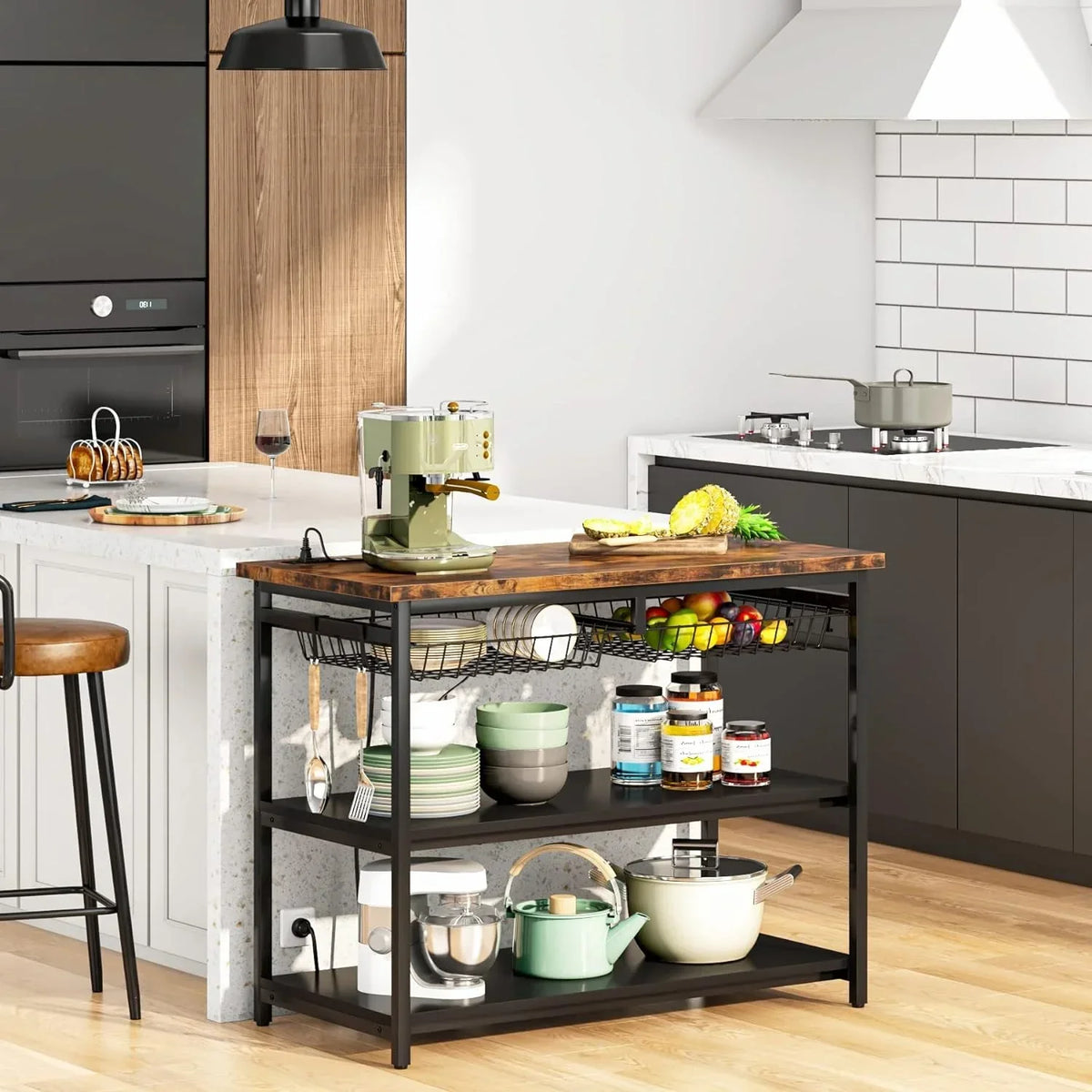 TJUNBOLIFE Kitchen Island with   Industrial Island Table with Power Outlets and Wire Baskets  3 Tier Microwave Oven Stand Butcher Block Island with Large Worktop  4 Hooks  Rustic Brown