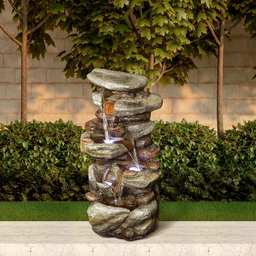 30-inch High Outdoor Water Fountain with LED Lights - Cascading Water Feature for Home, Garden, Patio and Deck Decor