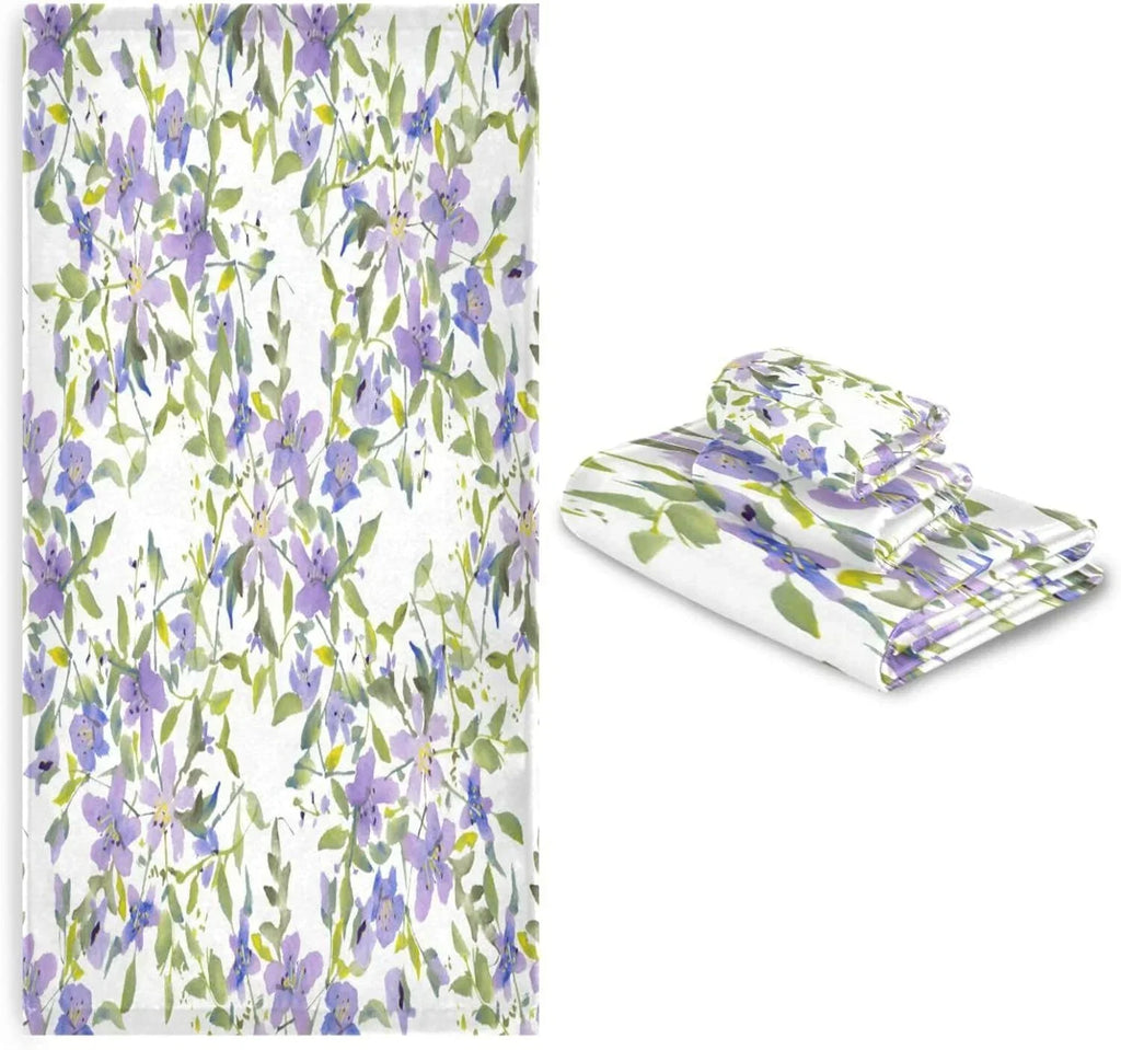 Wellsay Purple Flowers Bath Towel Set of 3, Highly Absorbent & Soft Bathroom Towels Set Quick Dry Towels Set for Bathroom Spa Beach (1 Bath Towels, 1 Hand Towel, 1 Washcloth)