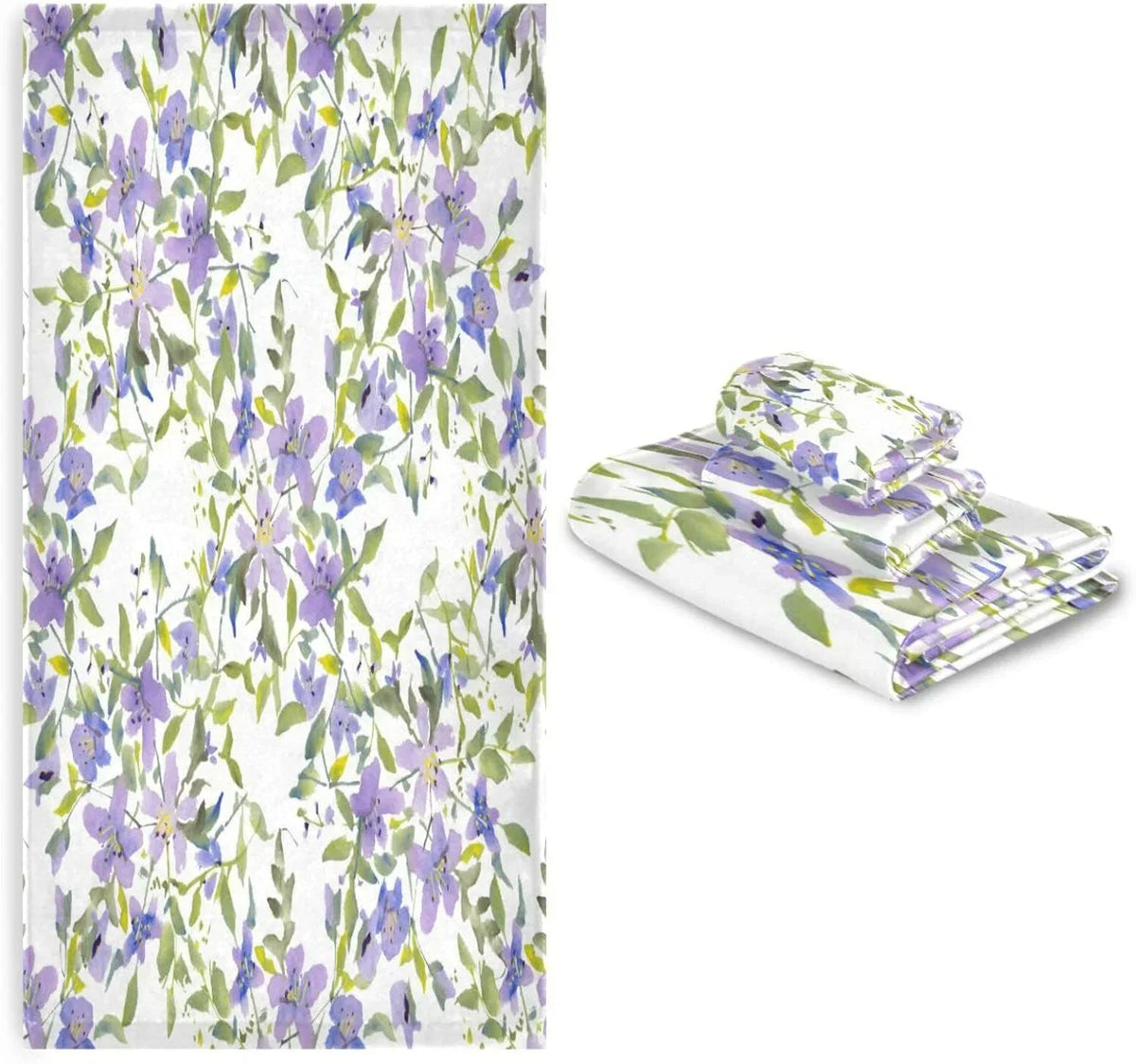 Wellsay Purple Flowers Bath Towel Set of 3, Highly Absorbent & Soft Bathroom Towels Set Quick Dry Towels Set for Bathroom Spa Beach (1 Bath Towels, 1 Hand Towel, 1 Washcloth)