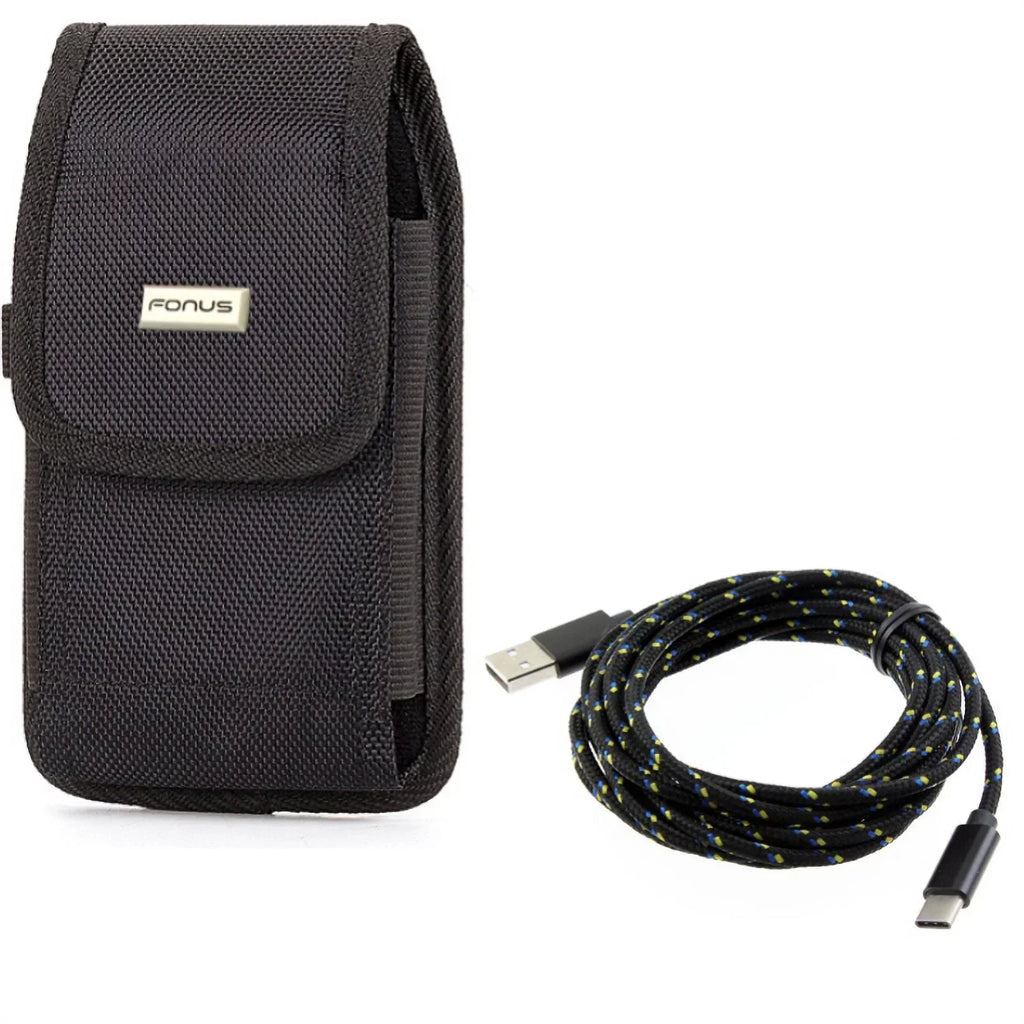 Rugged Durable Canvas Case Holster Metal Belt Clip w Black Durable Braided 10ft Long Type-C Cable Rapid Charger Sync USB Wire Y4P for Nokia 3.1 Plus - OnePlus 5T, 6, 6T, 7 Pro - Razer Phone 2