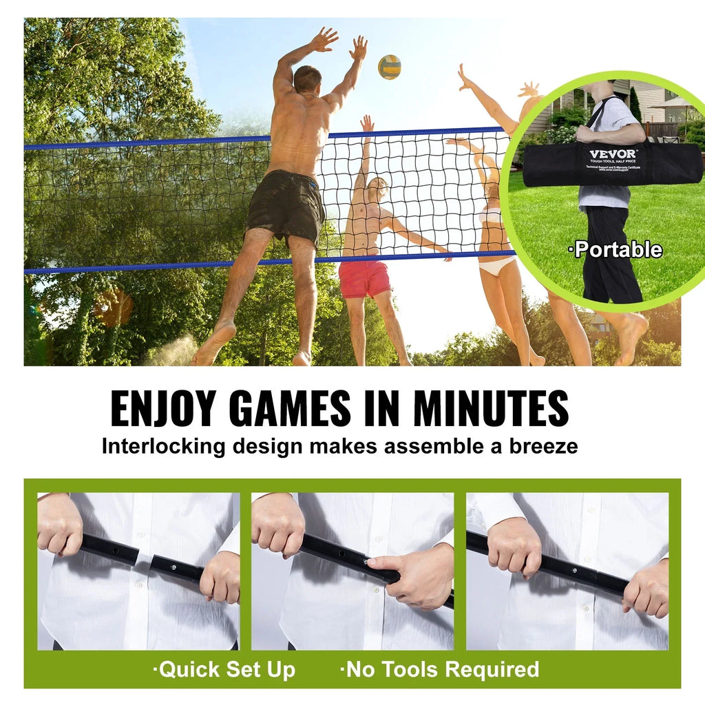 BENTISM 32ft x 3ft Portable Volleyball Net System Adjustable Height Poles with PVC Volleyball, Carrying Bag, Boundary Lines, Steel Poles & Pump for Outdoor Sports