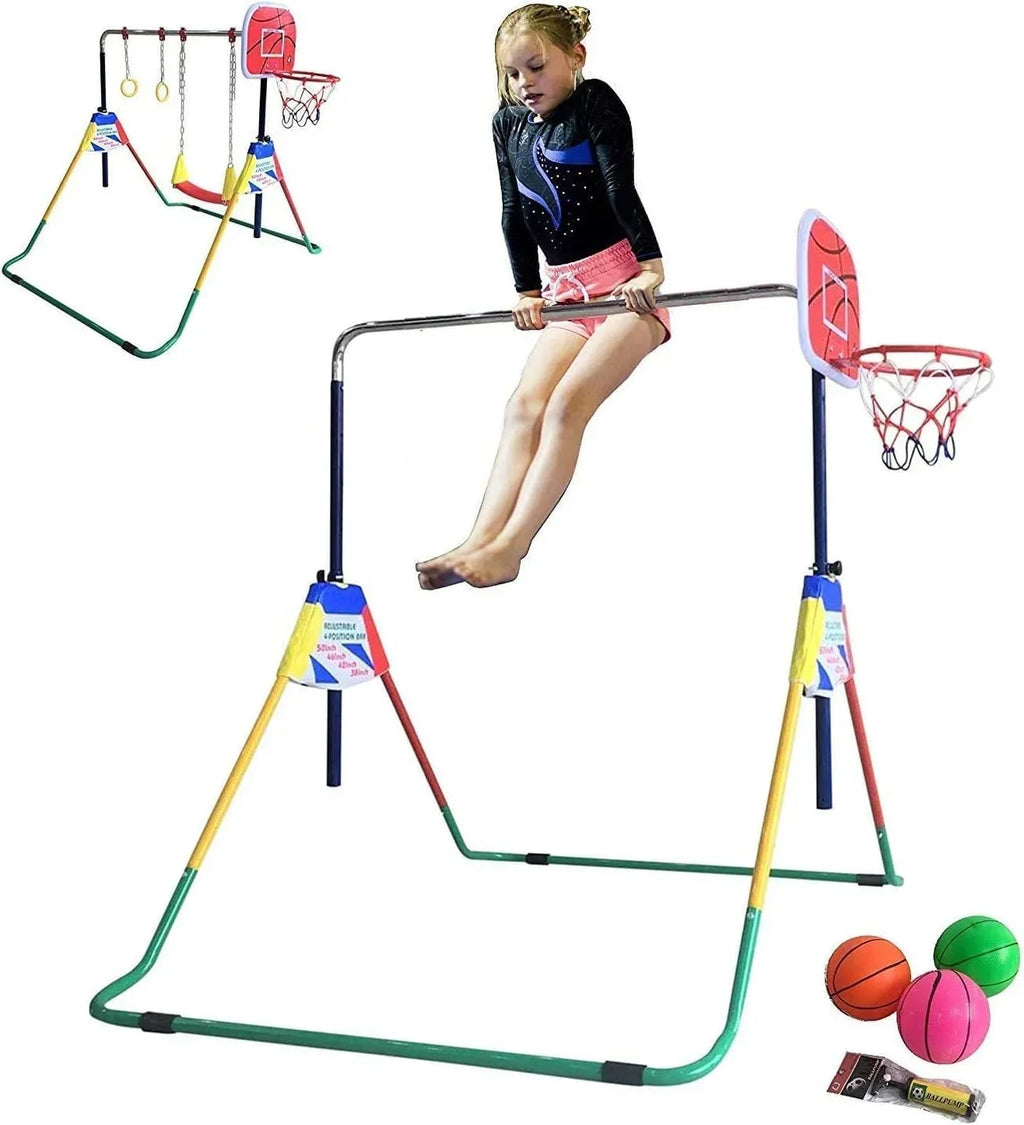 Height-Adjustable 4-in-1 Gymnastics Bar Set with Swing, Rings, Basketball Hoop - Folding Junior Training Bar for Home Gym