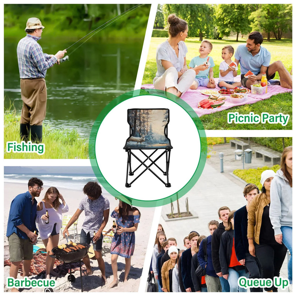 Deer in Winter Forest Portable Camping Chair Small for Kids Outdoor Folding Beach Chair Fishing Chair Lawn Chair with Carry Bag