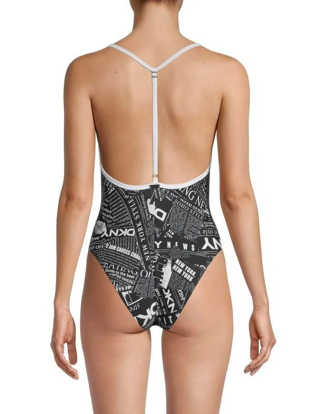 DKNY BLACK WHITE Graphic T-Back One-Piece Swimsuit, US Small