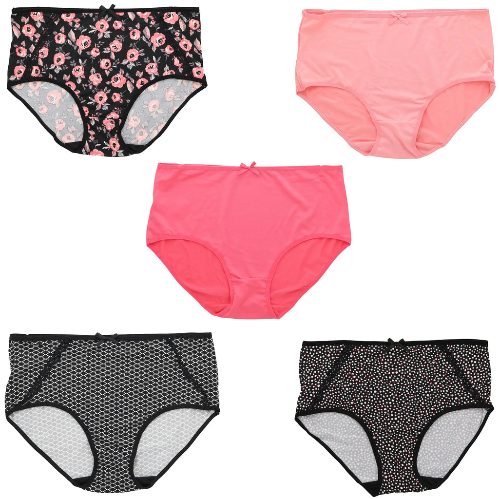 Delta Burke Intimates Women's Plus Size Sexy Classic High Rise Brief Panties (5Pr) (X-Large, Hot Pink Black Florals)