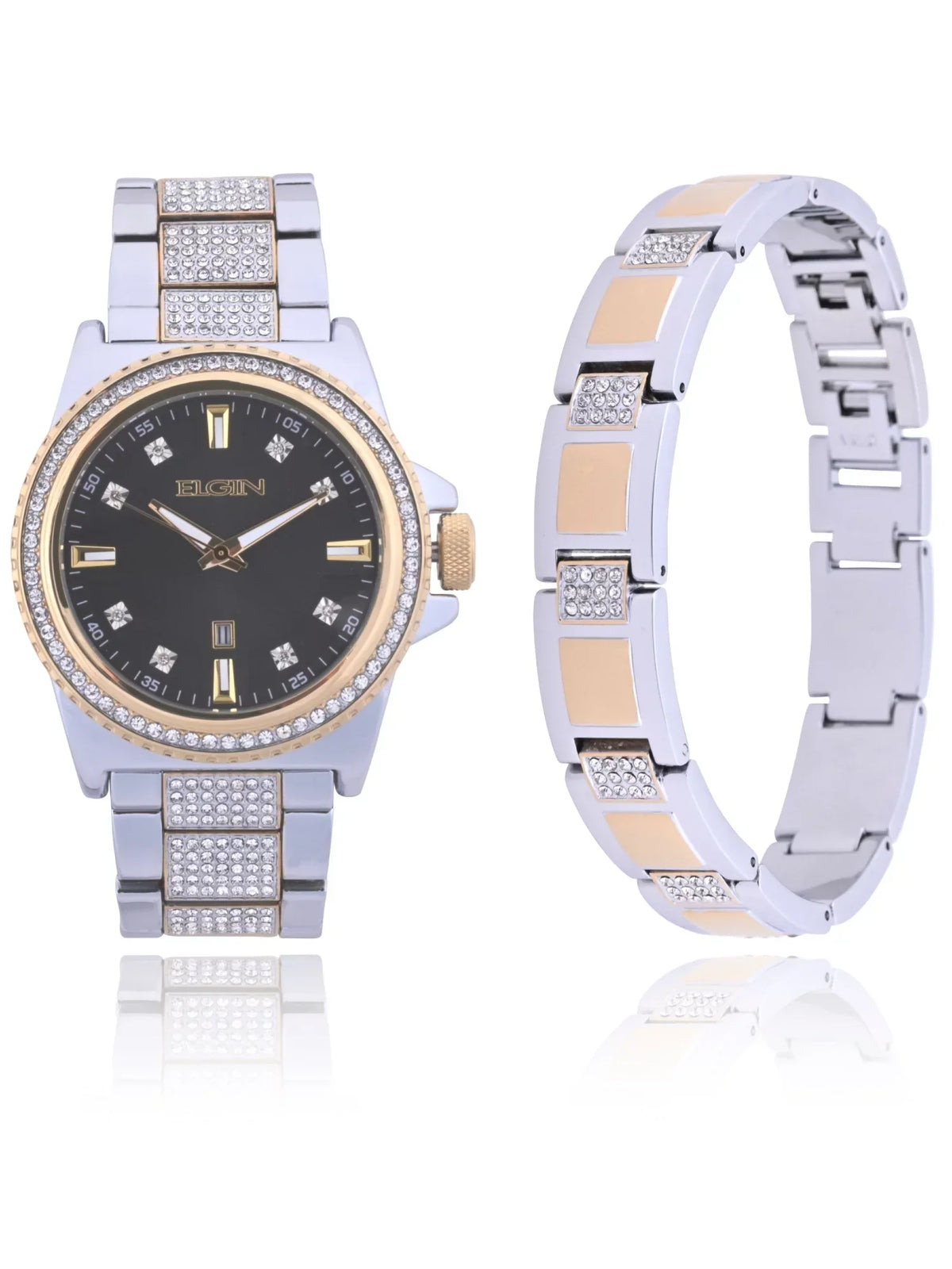 Elgin Adult Male Watch and Bracelet Set with Alloy Case and Stones in Silver and Gold (FG180015ST)