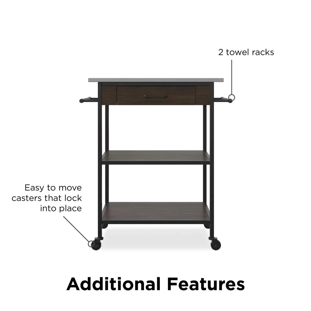DHP Kane Kitchen Cart, Black Metal Frame, Stainless Steel Counter Top, Pantry Storage, Brown
