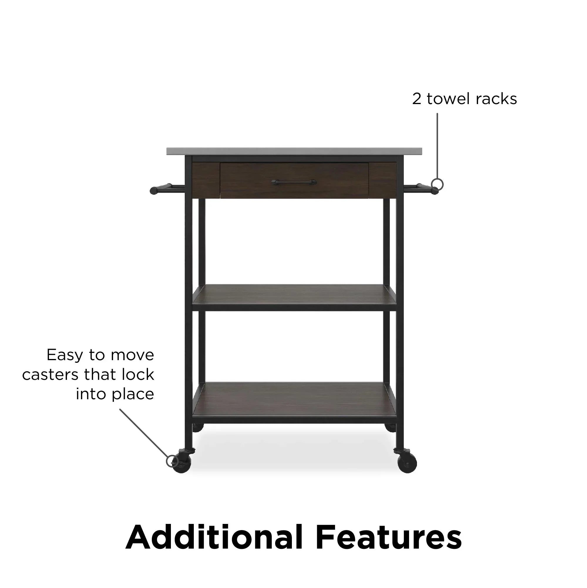 DHP Kane Kitchen Cart, Black Metal Frame, Stainless Steel Counter Top, Pantry Storage, Brown