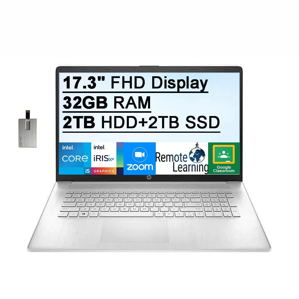 HP 2021 17.3" FHD IPS 250 Nits Laptop Computer, Intel Core i5-1155G7 Processor, 32GB RAM, 2TB HDD+ 2TB SSD, Backlit Keyboard, Intel Iris Xe Graphics, HD Webcam, HD Audio, Win11, Silver, 32GB USB Card