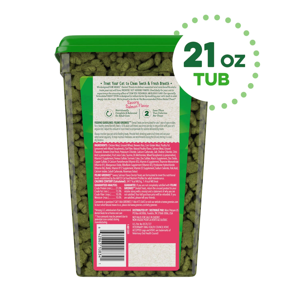 Feline Greenies Dental Natural Cat Treats, Savory Salmon Flavor, 21 oz. Tub