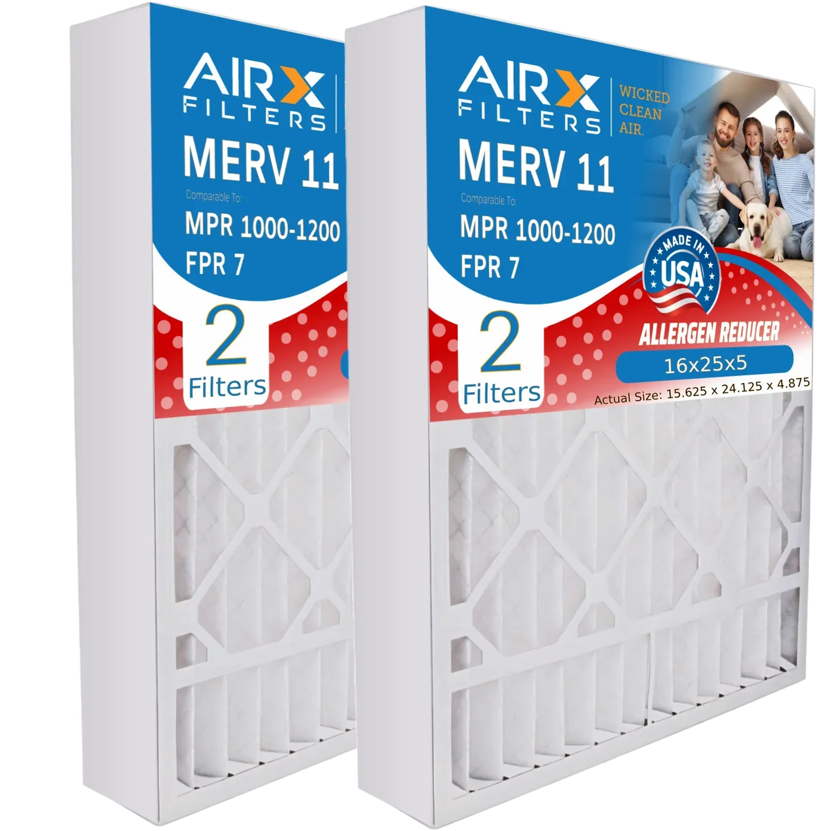 16x25x5 Air Filter MERV 11 Comparable to MPR 1000, MPR 1200 & FPR 7 Compatible with Skuttle #000-0448-001 DB-25-16 Premium USA Made 16x25x5 Furnace Filter 2 Pack by AIRX FILTERS WICKED CLEAN AIR.