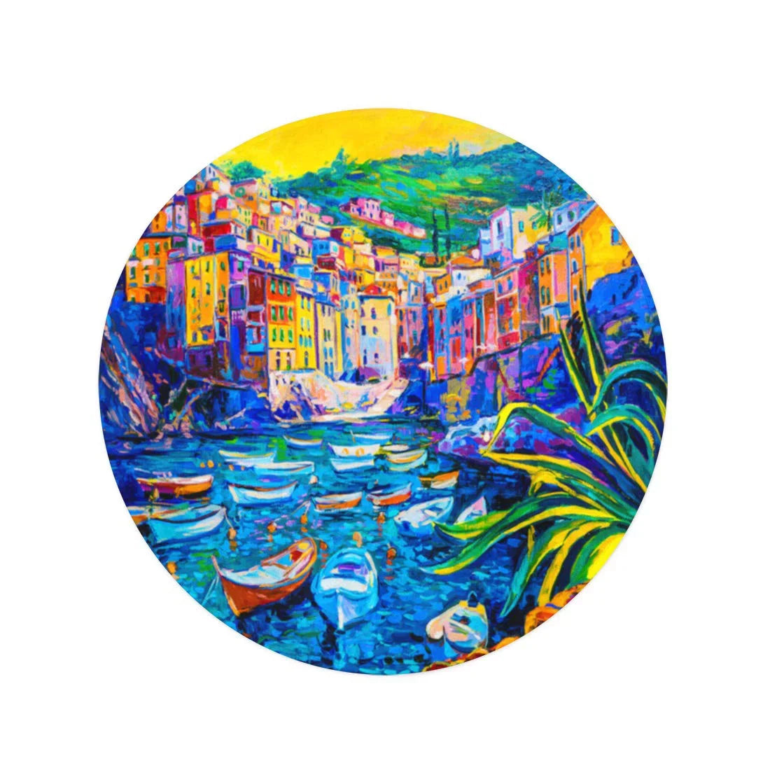 SIDONKU 60 inch Round Beach Towel Blanket Original Oil Painting on Canvas Boats and Old Town Travel Circle Circular Towels Mat Tapestry Beach Throw