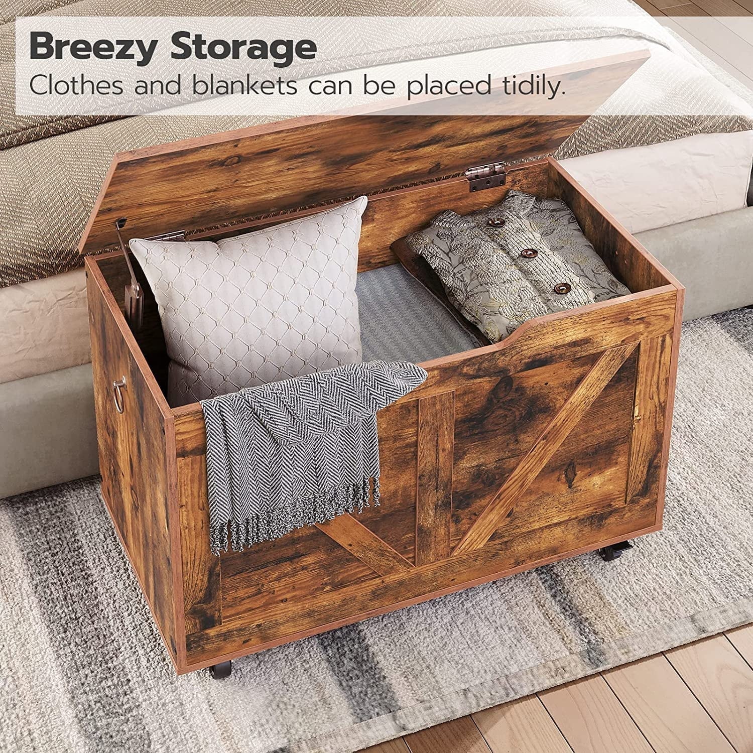 Storage Chest, Storage Trunk on Wheels, Sturdy Storage Bench Supports 220 lb, Wooden Entryway Bench, Shoe Bench, Movable, Safety Hinge, U-Shaped Opening, Easy Assembly, Rustic Brown FG74CW01