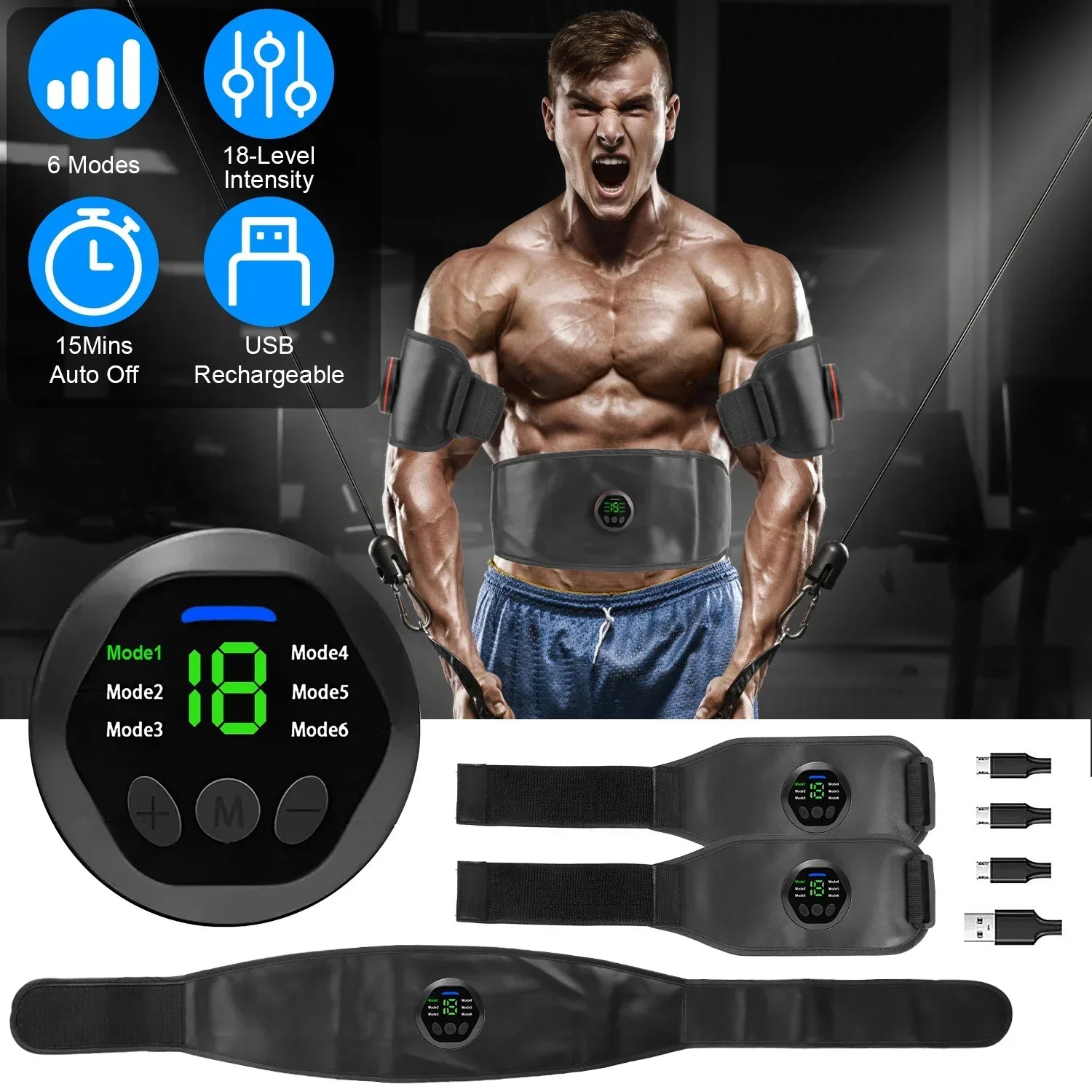 iMounTEK Muscle Stimulator Workout Equipment Abdominal Toning Belt ABS Training Fitness Equipment Waist Trimmer Belt, 6 Modes, 18 Intensity Levels, Home Office Equipment