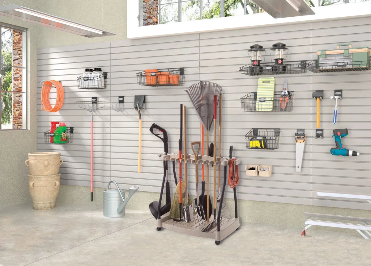 Suncast Lawn and Garden Steel Tool Storage Rack with Wheels for 30 Tools, Light Taupe