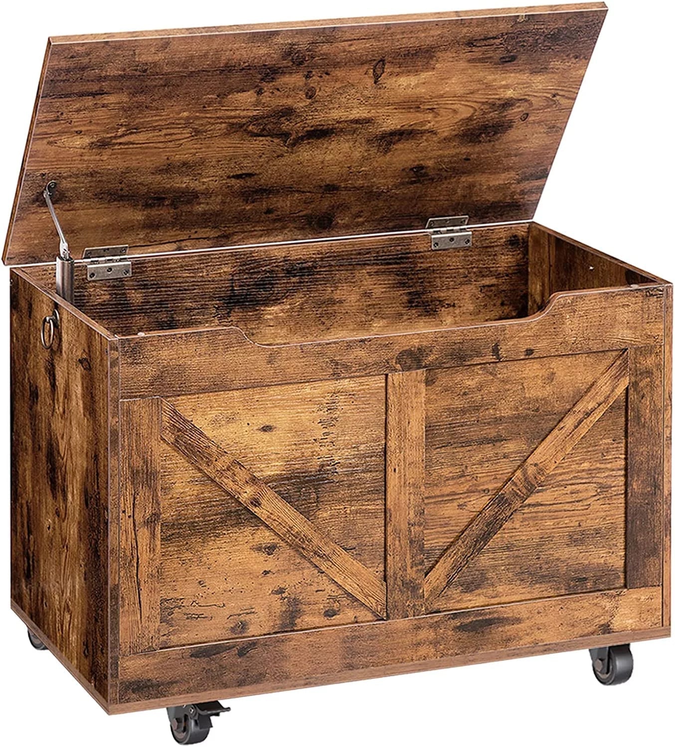 Storage Chest, Storage Trunk on Wheels, Sturdy Storage Bench Supports 220 lb, Wooden Entryway Bench, Shoe Bench, Movable, Safety Hinge, U-Shaped Opening, Easy Assembly, Rustic Brown FG74CW01