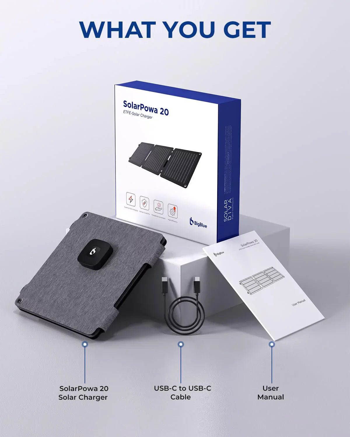 BigBlue 20W ETFE Solar Charger (5V/4A Max) with Kickstand, SolarPowa 20 Portable Solar Panel Charger with USB-A and USB-C, IP65 Waterproof, Compatible with iPhone, iPad, Samsung, LG etc.