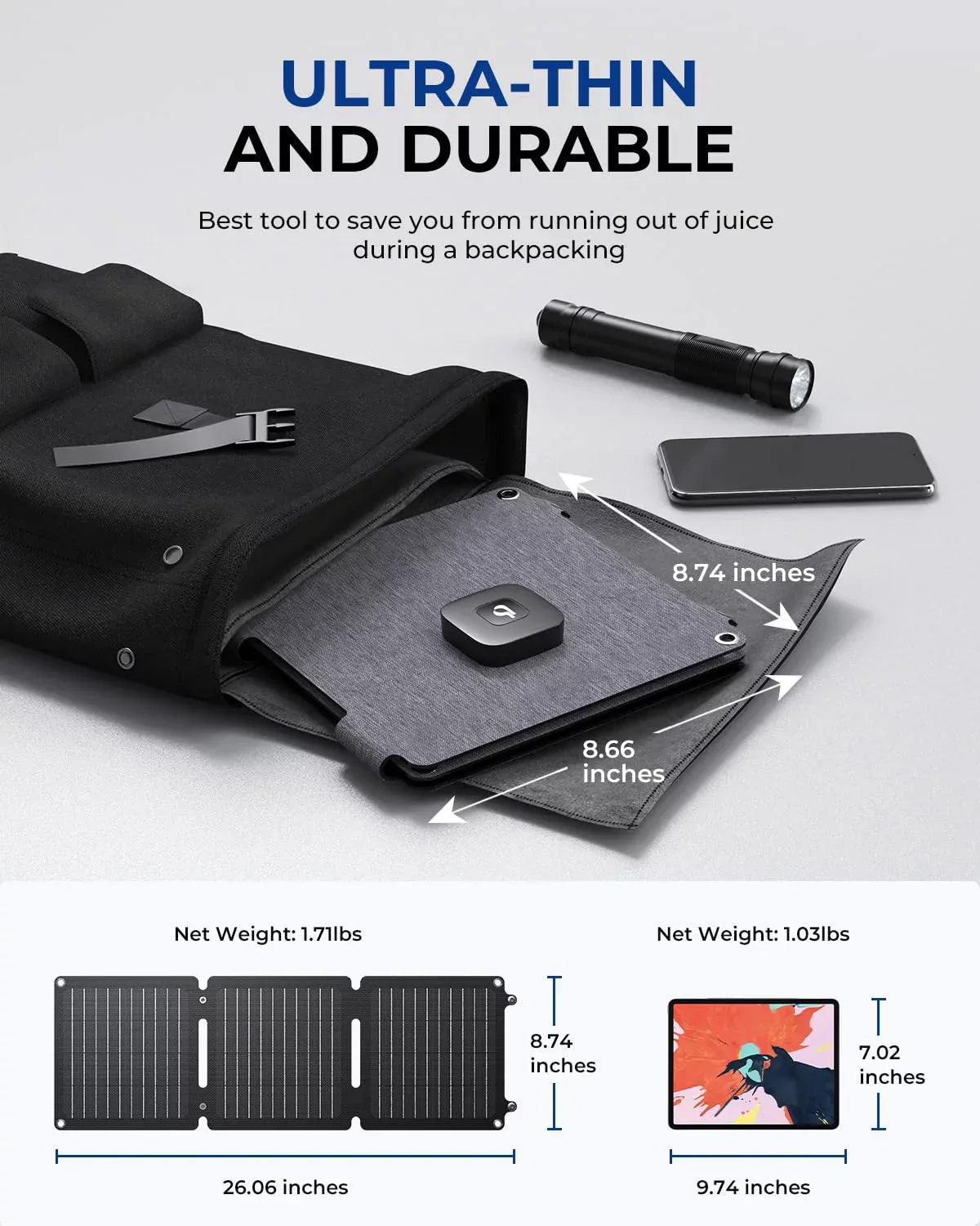 BigBlue 20W ETFE Solar Charger (5V/4A Max) with Kickstand, SolarPowa 20 Portable Solar Panel Charger with USB-A and USB-C, IP65 Waterproof, Compatible with iPhone, iPad, Samsung, LG etc.