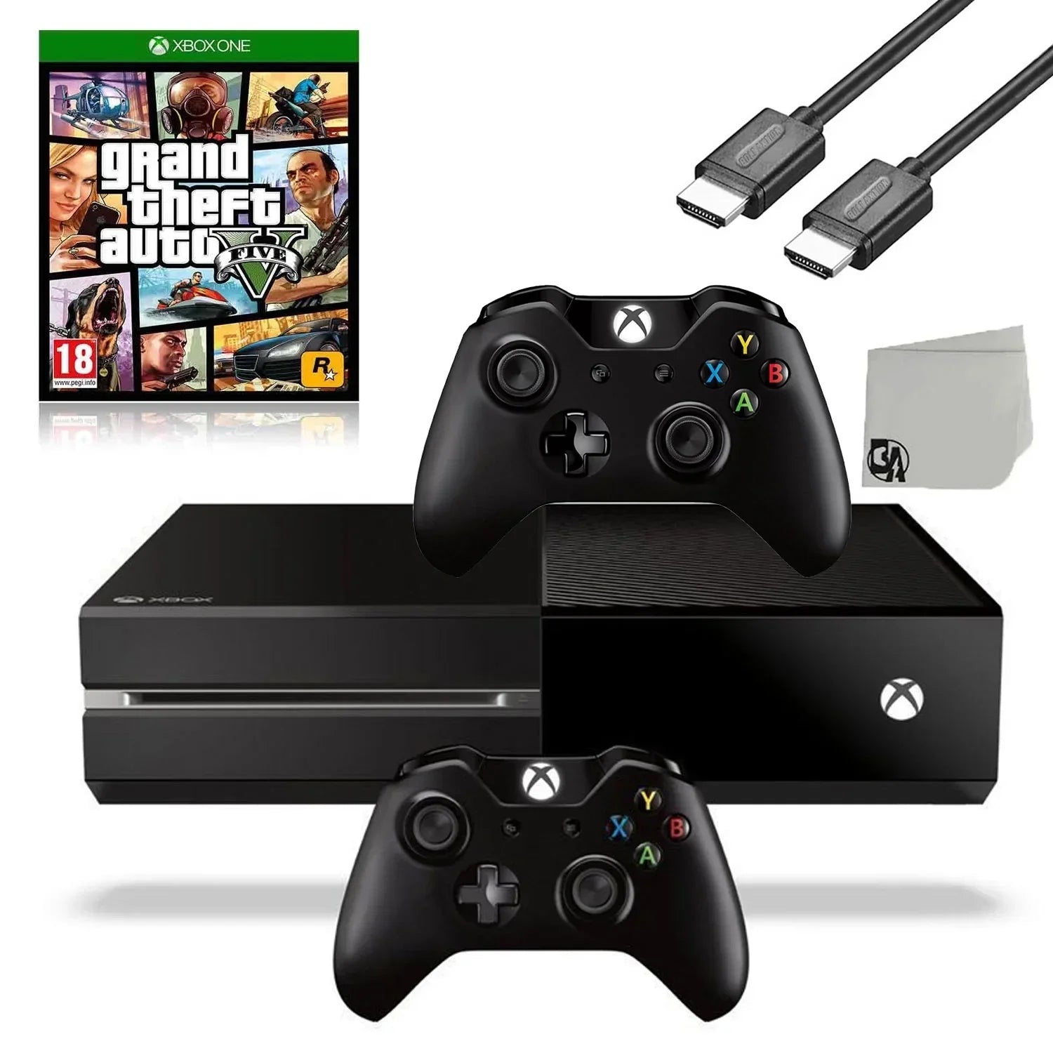 Microsoft Xbox One Original 500GB Gaming Console Black HDMI Cable 2 Controller Included With GTA V Game BOLT AXTION Bundle Like New