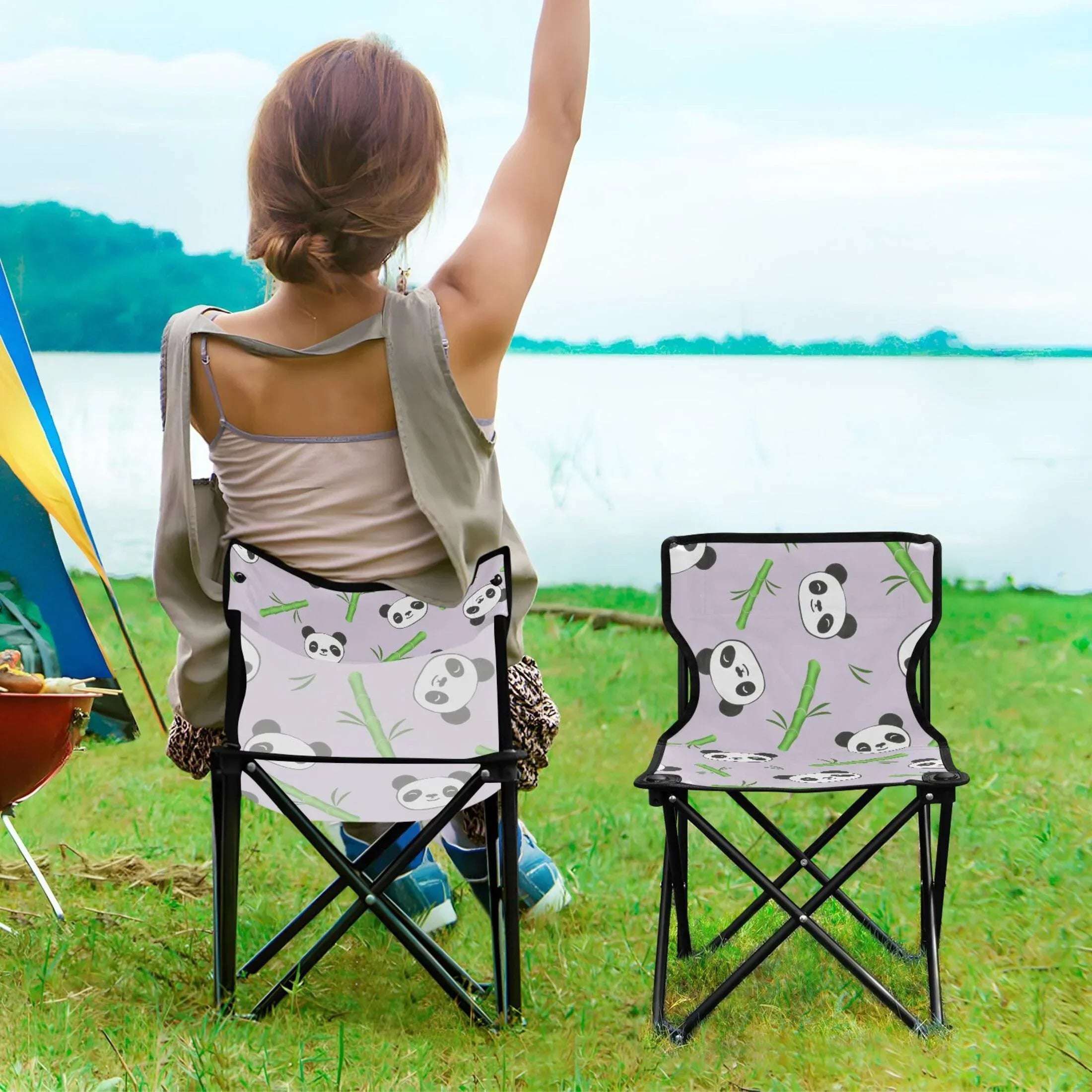 Panda and Bamboos Portable Camping Chair Outdoor Folding Beach Chair Fishing Chair Lawn Chair with Carry Bag Support to 220LBS