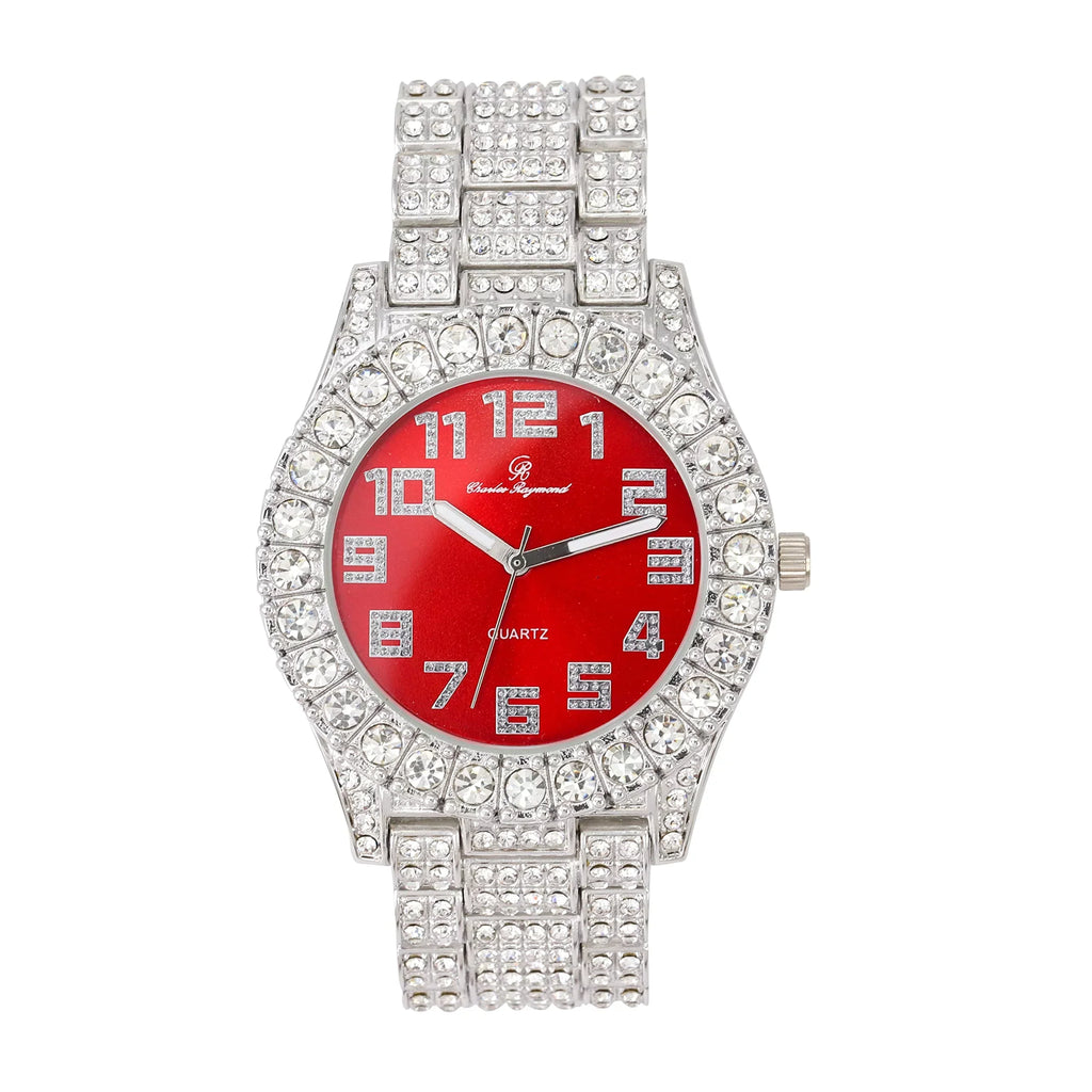 Charles Raymond Mens Big Rocks with Numerals Fully Iced Out Colorful Dial Blinged Out Hip Hop Watch - ST10327AR Single Silver Blood Red