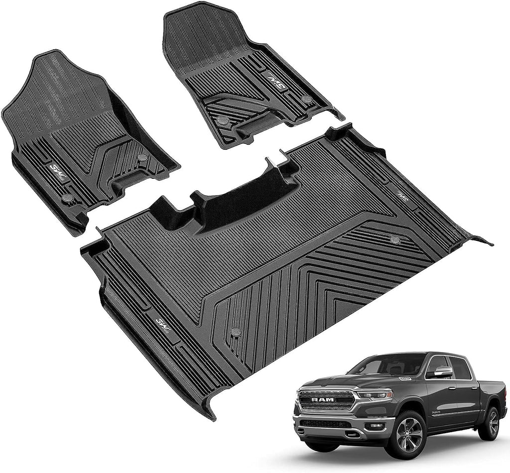 3W Floor Mats Fit for 2019-2023 Dodge Ram 1500 Crew Cab with Rear Under-Seat Factory Storage Bucket Seat, All Weather Car Liners Floor Liner Full Set Car Mats