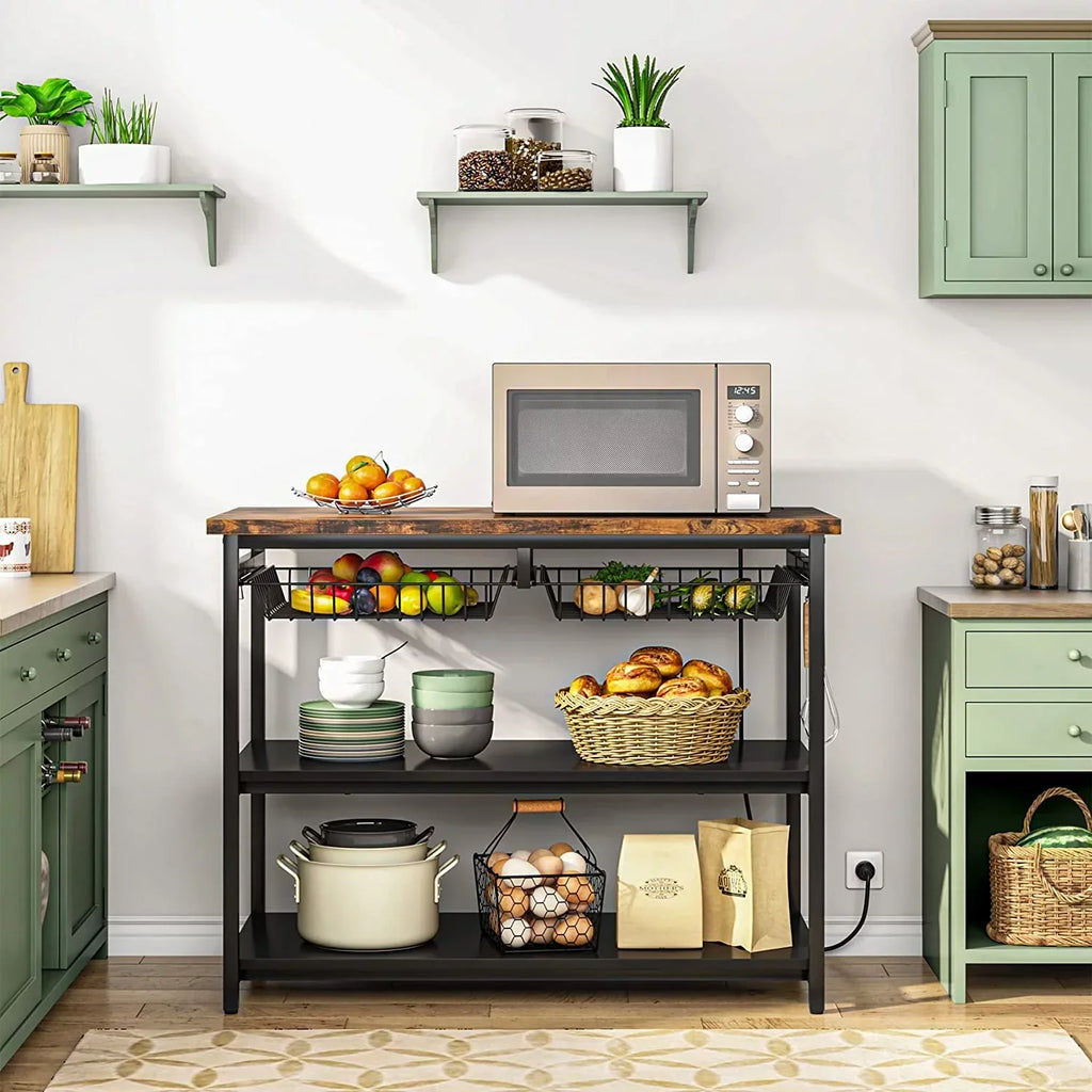 TJUNBOLIFE Kitchen Island with   Industrial Island Table with Power Outlets and Wire Baskets  3 Tier Microwave Oven Stand Butcher Block Island with Large Worktop  4 Hooks  Rustic Brown
