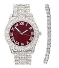 Charles Raymond Women's Big Rocks Blinged Out Bezel Colored Dial with Roman Numerals Fully Iced Out Hip Hop Wristwatch and Sparkling Tennis Bracelet Set - ST10327LA (TLA Silver - Burgundy)