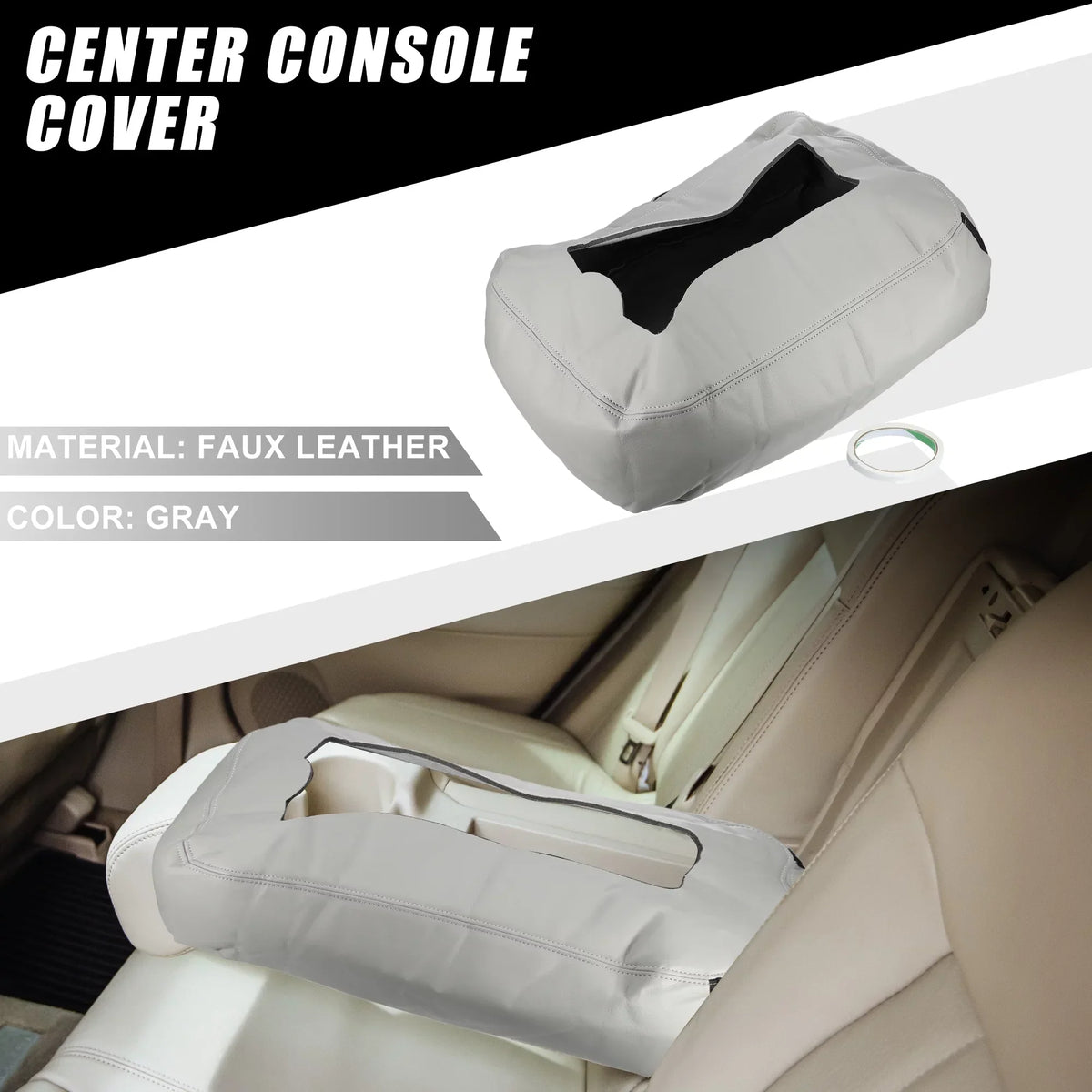 Center Console Cover Pad Waterproof for Chevy Silverado 1500 1500HD 2007-2014 Faux Leather Gray
