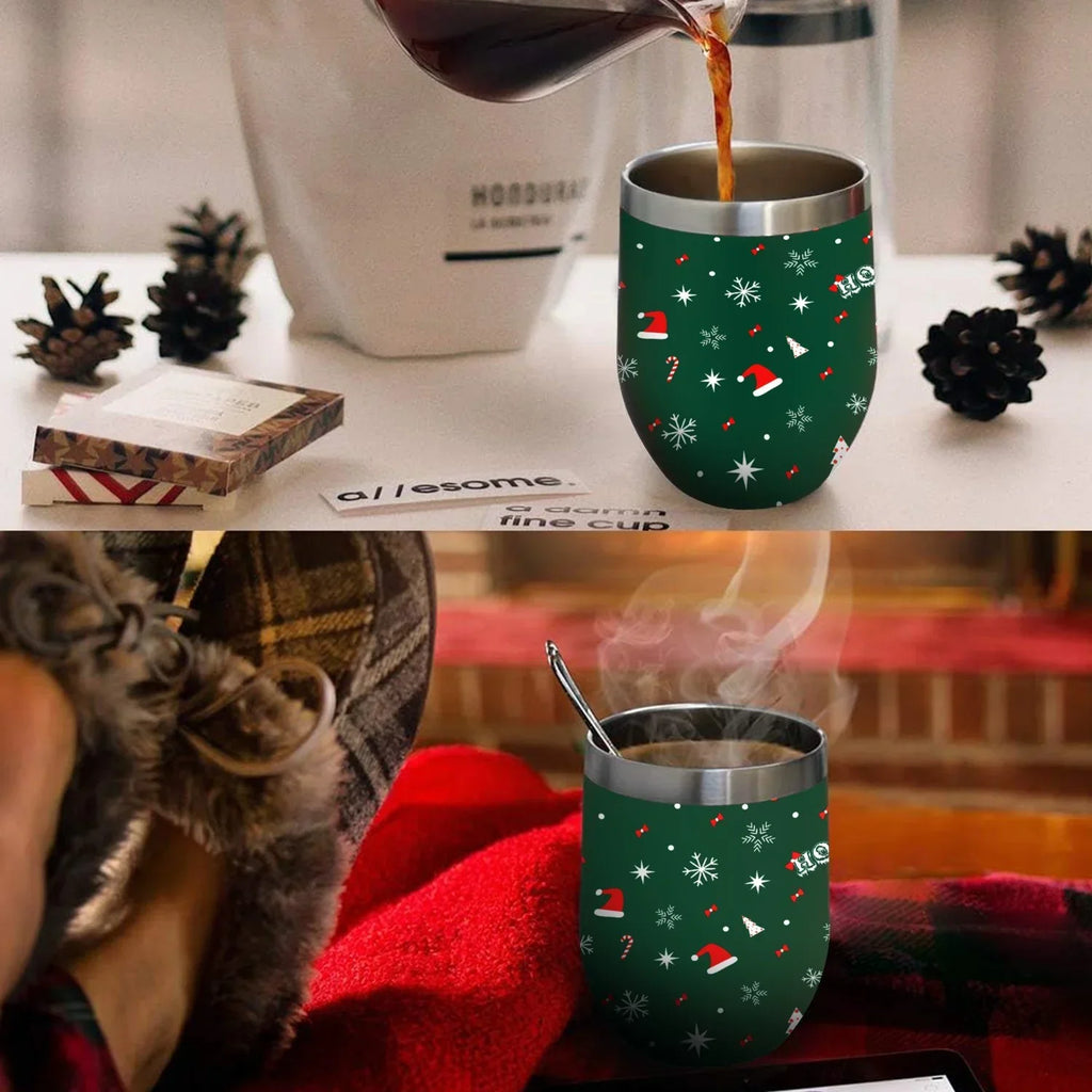 Hidove 12oz 304 Stainless Steel Vacuum Insulated Cups, Christmas Tree with Red and Green Color Eggshell Cup U Shape Tumbler Cups with Lid, Double Layer Insulation Wine Cup Big Belly Cup