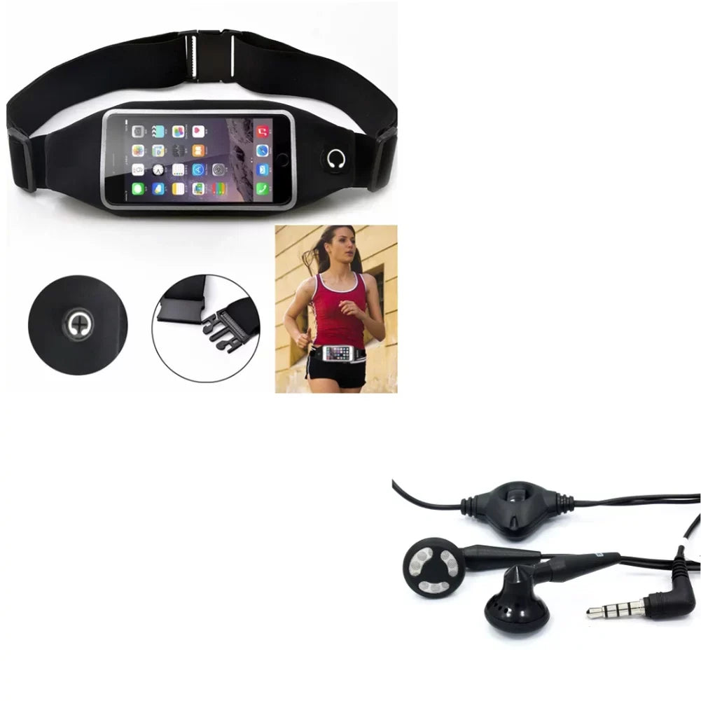 Black Sport Workout Belt Waist Bag Case w Headset OEM 3.5mm Handsfree Earphones A6Z for ASUS ZenFone Max Plus M1, ROG Phone, AR 5z 4 Pro 3 Max 2E 2 - Blackberry Z30, Priv, DTek50, Leap, Motion