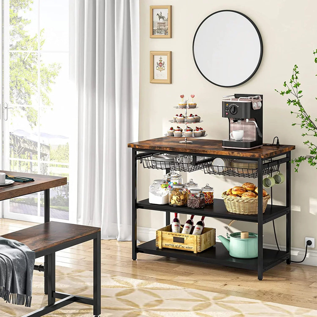 TJUNBOLIFE Kitchen Island with   Industrial Island Table with Power Outlets and Wire Baskets  3 Tier Microwave Oven Stand Butcher Block Island with Large Worktop  4 Hooks  Rustic Brown