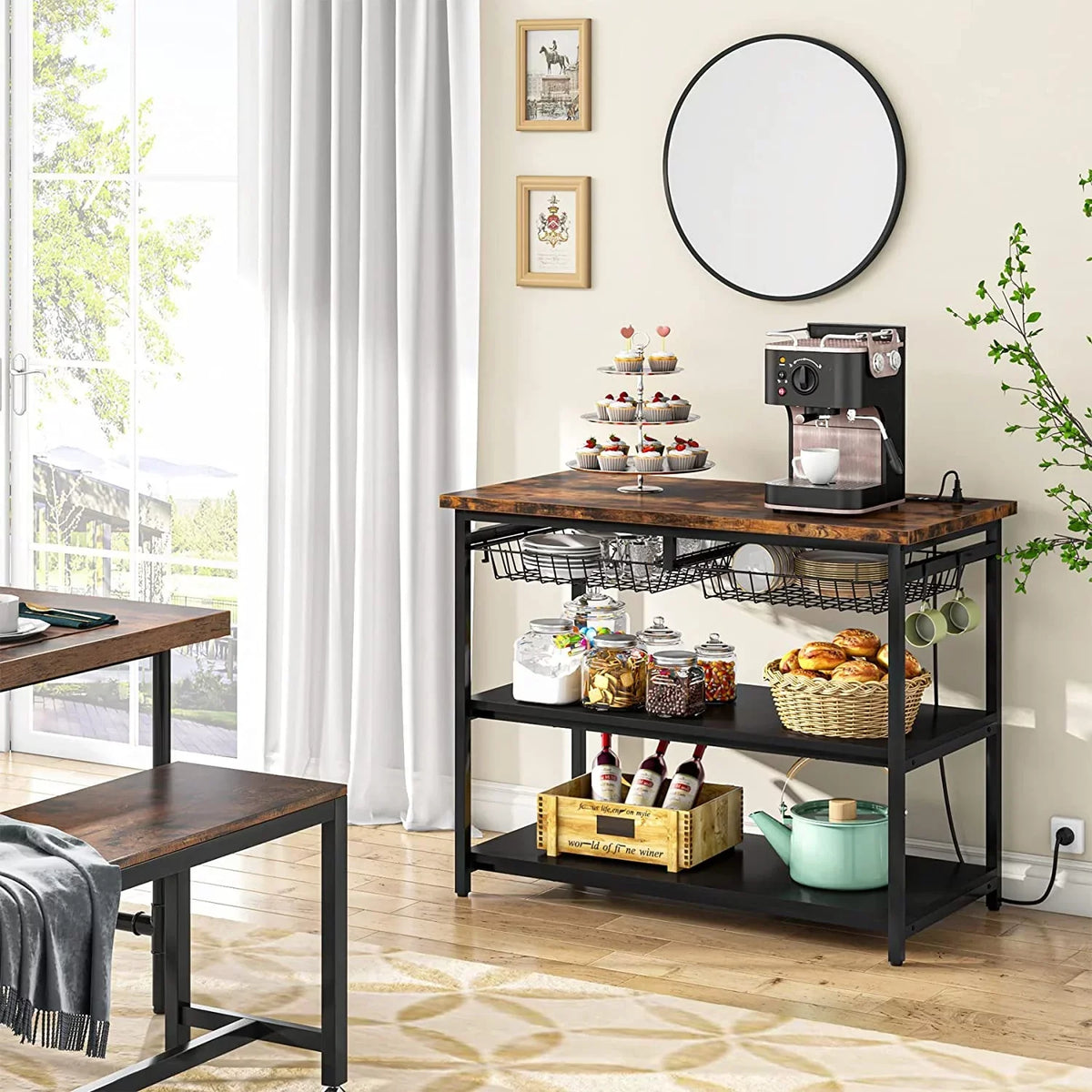 TJUNBOLIFE Kitchen Island with   Industrial Island Table with Power Outlets and Wire Baskets  3 Tier Microwave Oven Stand Butcher Block Island with Large Worktop  4 Hooks  Rustic Brown