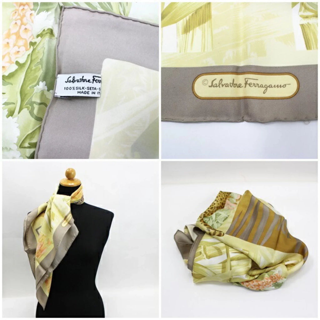 Pre-Owned Ferragamo Silk Scarf Muffler Beige x Greige Leopard Pattern Animal SALVATORE FERRAGAMO Women's (Good)