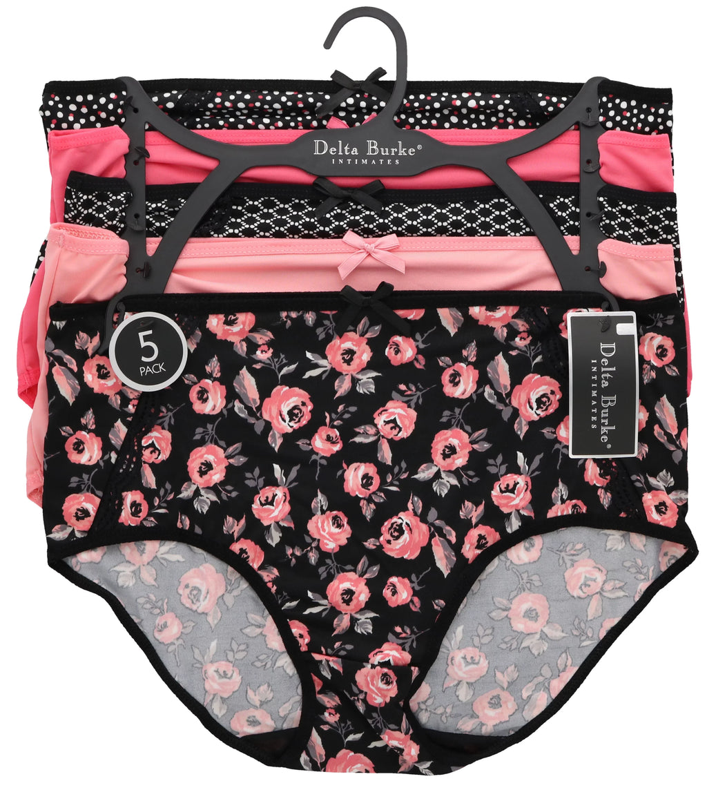 Delta Burke Intimates Women's Plus Size Sexy Classic High Rise Brief Panties (5Pr) (X-Large, Hot Pink Black Florals)