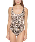 MSRP $98 Dkny Womens Animal-Print Mesh-Stripe One-Piece Swimsuit Natural Size 16