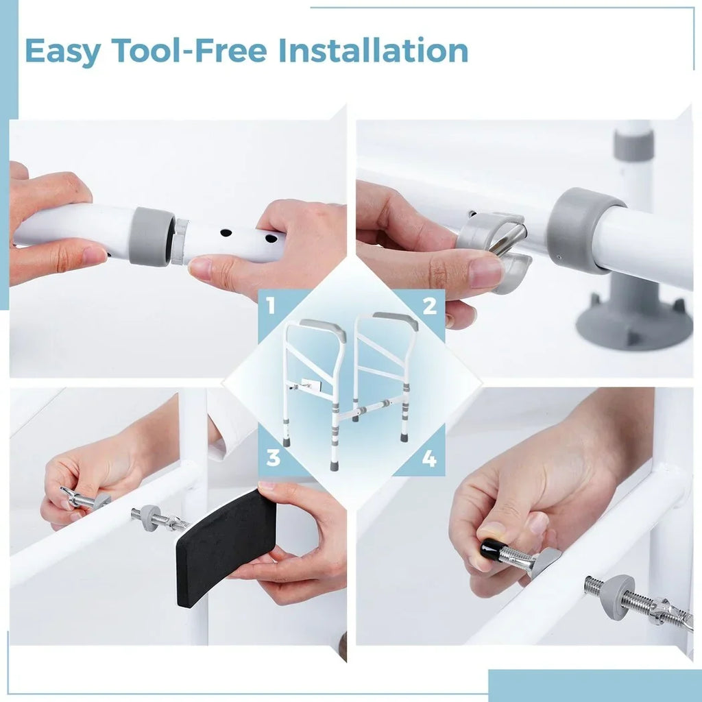 Toilet Safety Rails for Elderly, Adjustable Toilet Support Frame, Toilet Standing Aid for Disabled, Toilet Safety Handles with Large Non-Slip Mats, Free-Assembly, Fit All Toilets