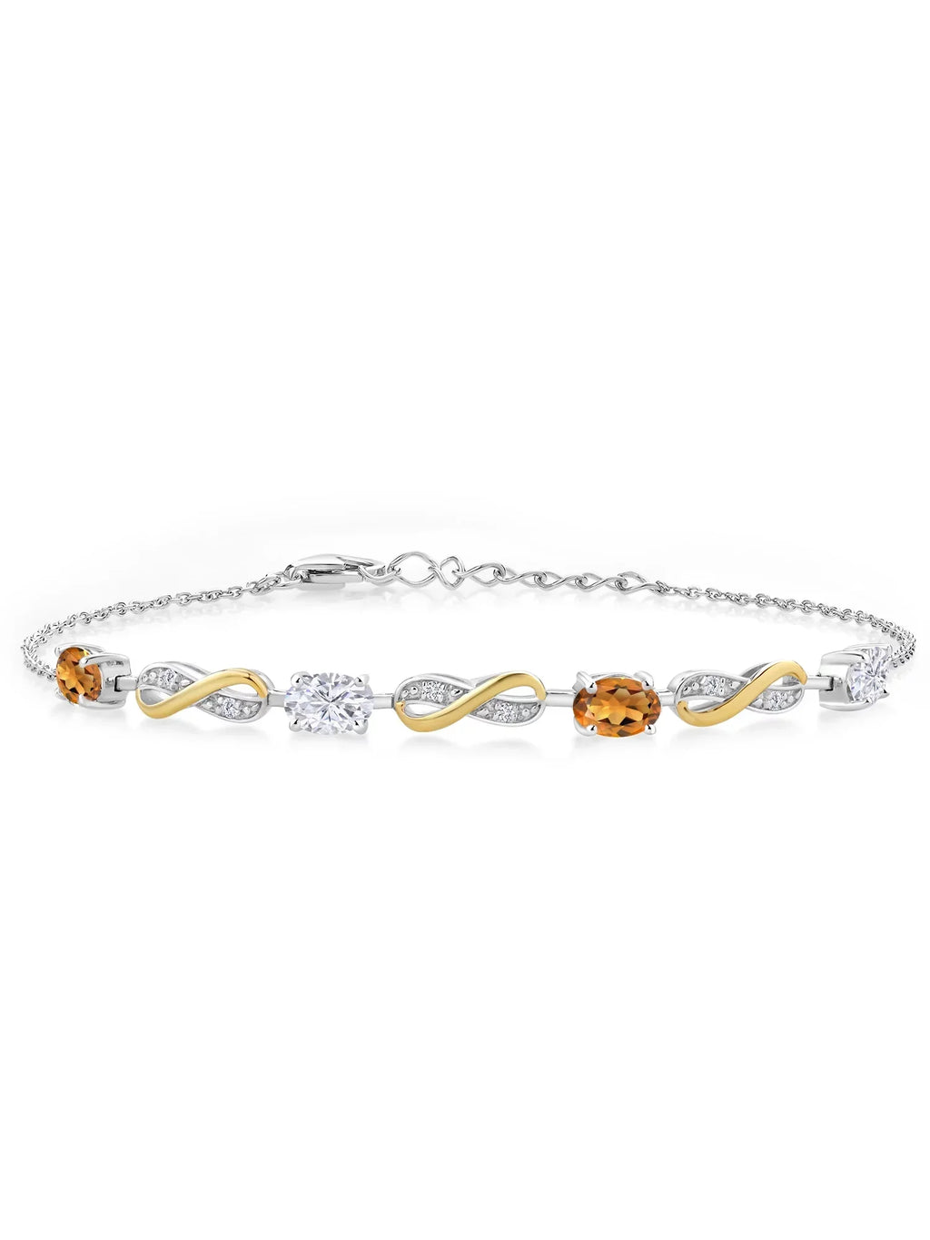 Gem Stone King 925 Silver and 10K Yellow Gold Lab Grown Diamond Infinity Bracelet For Women Mother's Mom Wife Girls Her Madeira Citrine Moissanite (1.85 Cttw, Fully Adjustable Up to 7.5 inch)