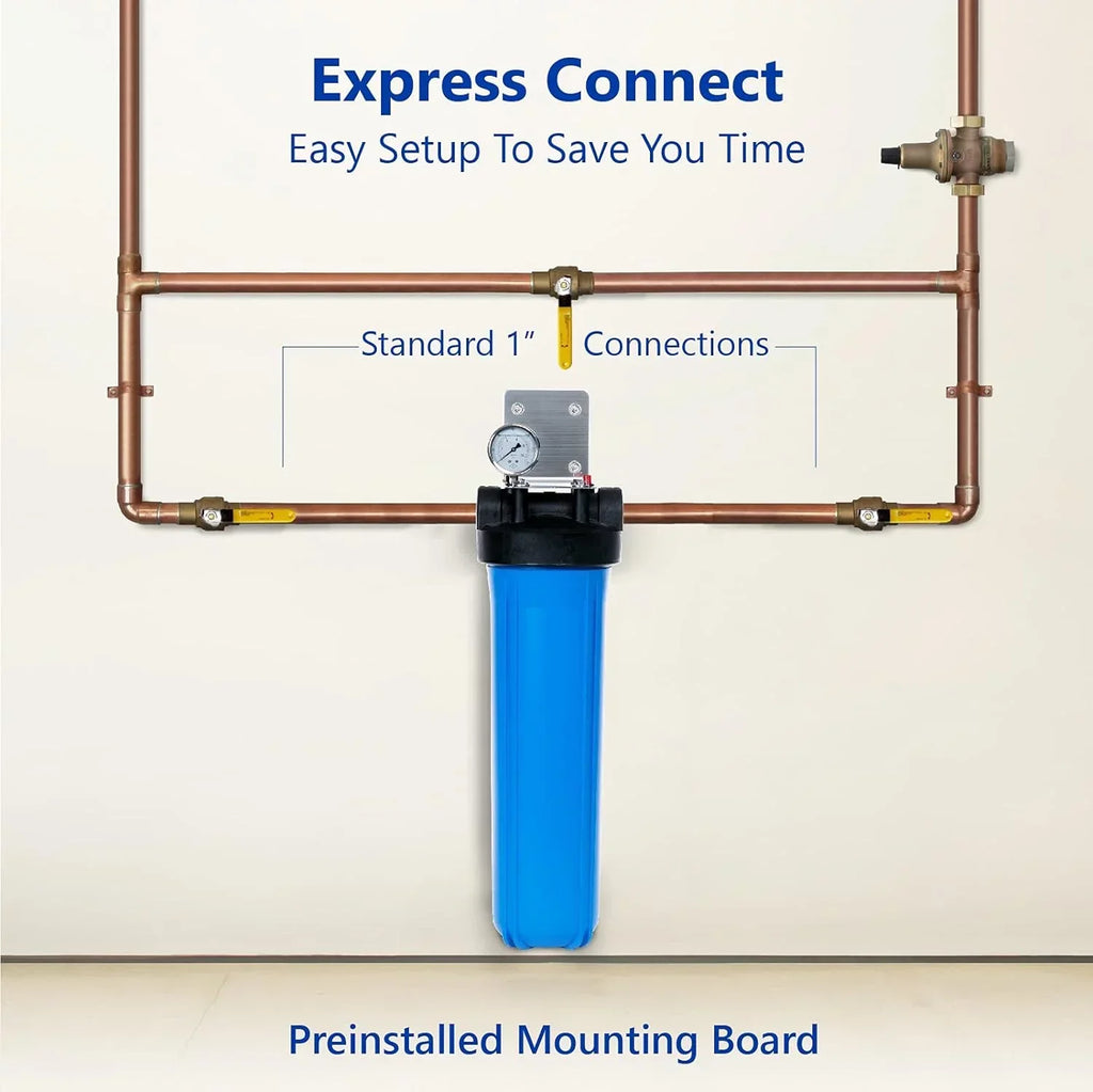 Whole House Water Filter Housing, Universal 20-Inch Housing 4.5” X 20”, 1-Inch NPT Inlet Outlet, Heavy Duty Standard Size Replacement Includes Bracket, Pressure Gauge, Wrench