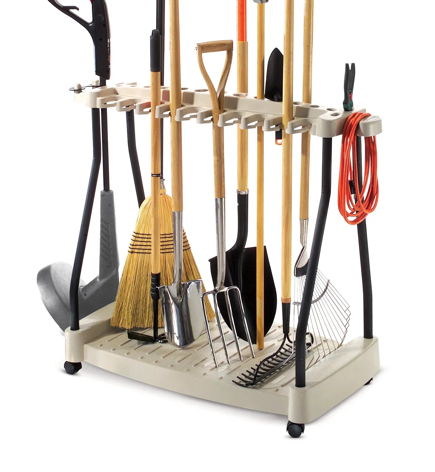 Suncast Lawn and Garden Steel Tool Storage Rack with Wheels for 30 Tools, Light Taupe