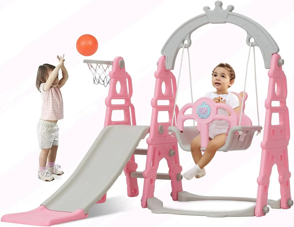 Kinbor 5 in 1 Toddler Slide Swing Set, Climber Slide Playground Baby Playset for Outdoor & Indoor with Basketball Hoop, Extra Long Slide & Easy Climb Stairs, Pink