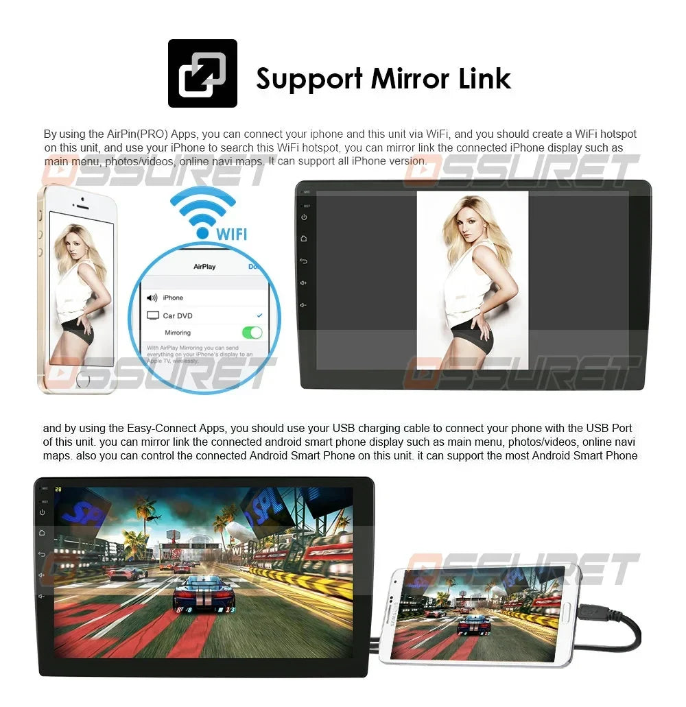 Hizpo Single 1 DIN Rotatable 10.1'' Android 10 Touch Screen With Apple Carplay& Android Auto Car Stereo Radio GPS Navigation Wifi Bluetooth