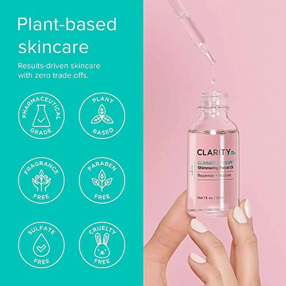 ClarityRx Glimmer of Hope Shimmering Restorative Face Oil, Natural Plant-Based Moisturizing Facial Treatment with Coconut, Rose & Jojoba for Dry & Aging Skin (1 fl oz)