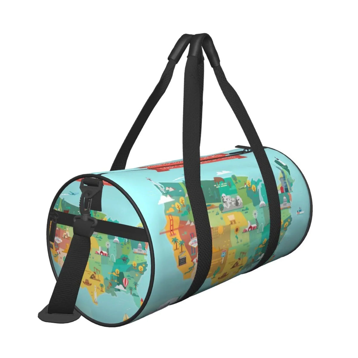 Coaee USA Tourist Map Large Capacity Travel Luggage Bag Cylinder Gym Bag Waterproof Sports Bag with Pocket and Compartment